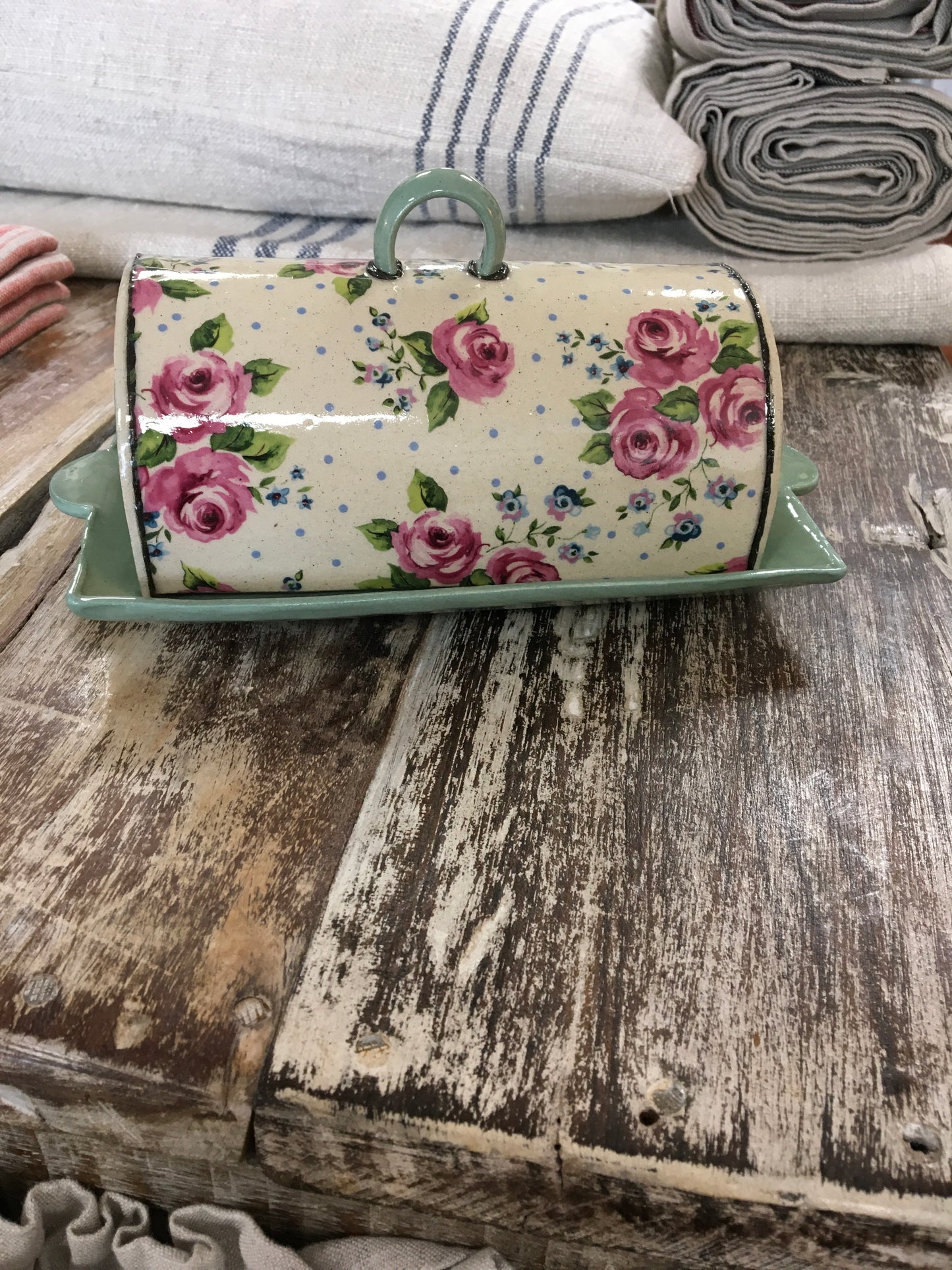 Virginia Graham Green Floral Butter Dish
