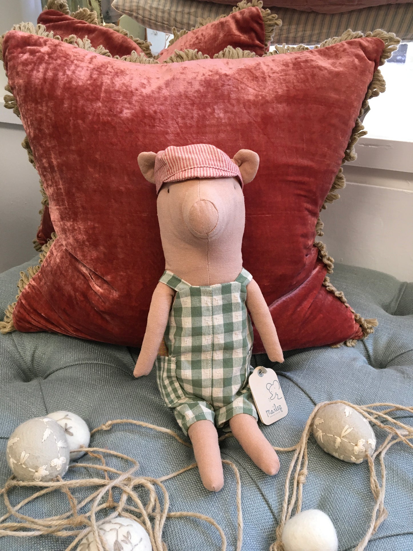 Maileg Green Check Dungarees Pig Soft Toy