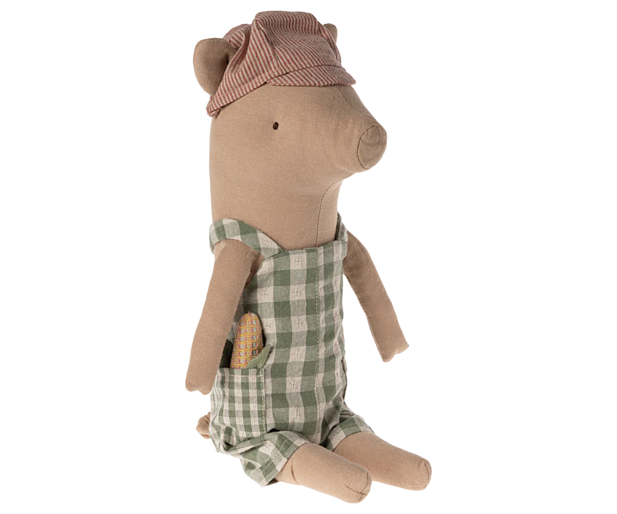 Maileg Green Check Dungarees Pig Soft Toy