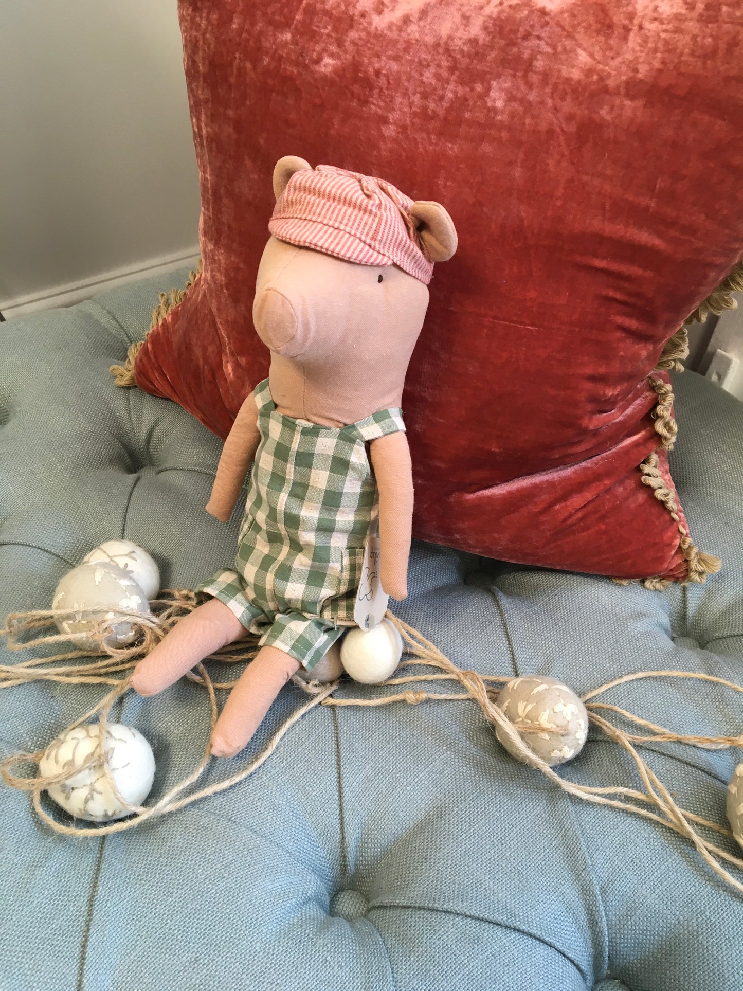 Maileg Green Check Dungarees Pig Soft Toy
