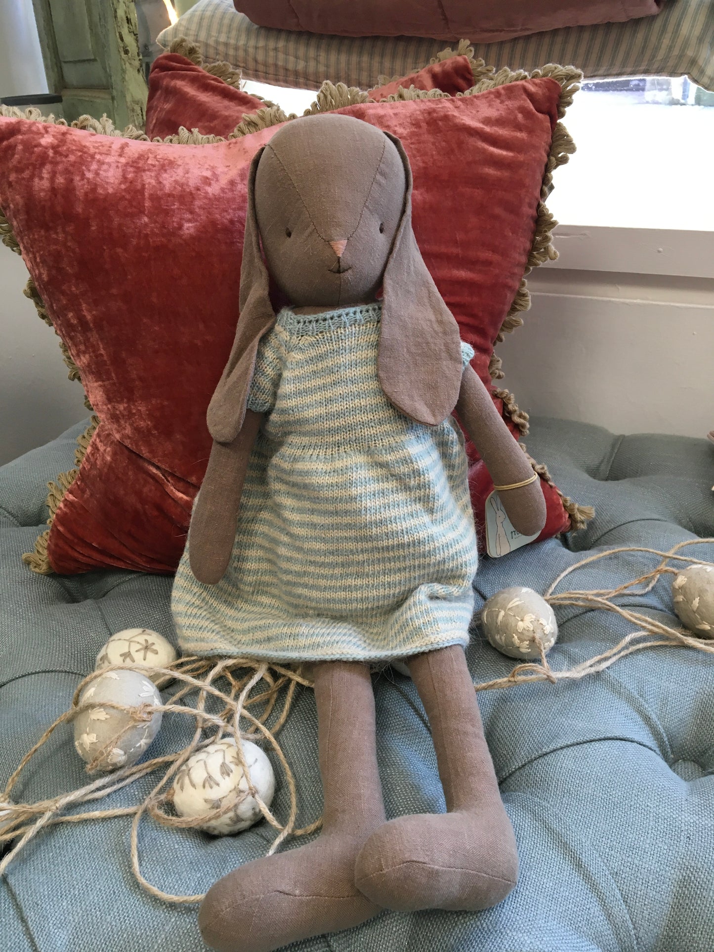Maileg Blue Stripe Dress Bunny Soft Toy